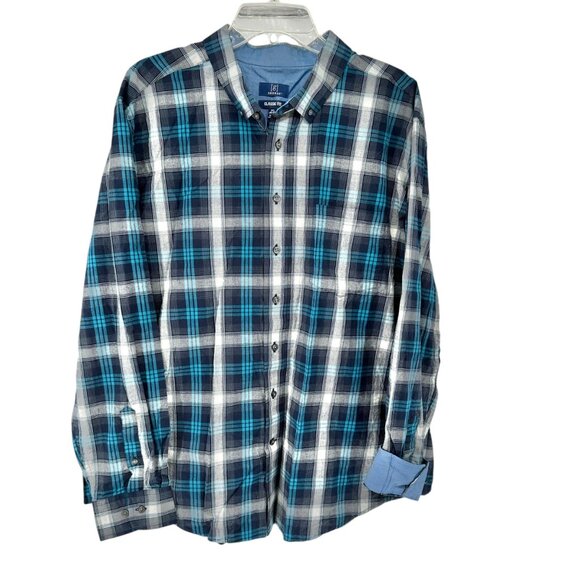 George Classic Fit Plaid Shirt Mens 2XL 50-52 Blue Gray LS Button-Down Collar - Picture 1 of 11